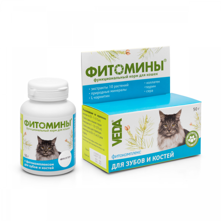 Фитомины с фитокомплексом для зубов и костей для кошек, 50 г