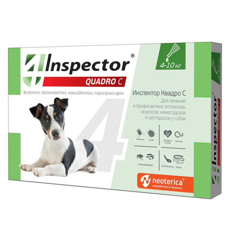 Инспектор (Inspector) Quadro Капли для собак от внеш и внутр паразитов 4-10 кг 1 пипетка из 3