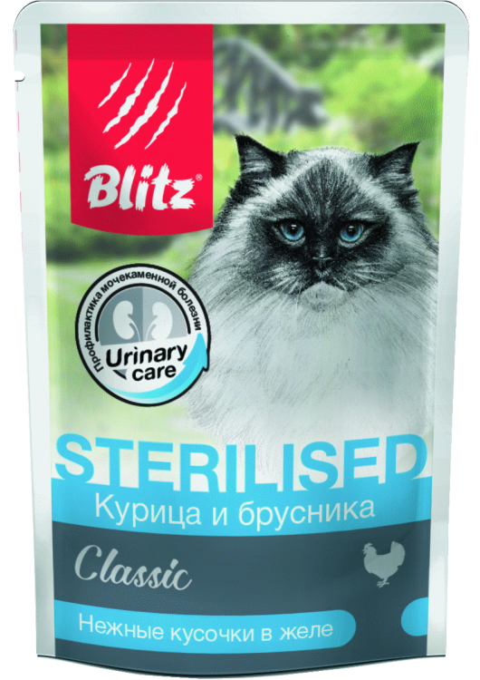 Блиц (BLITZ) 85г Classic для стерил.кошек Курица и брусника в желе