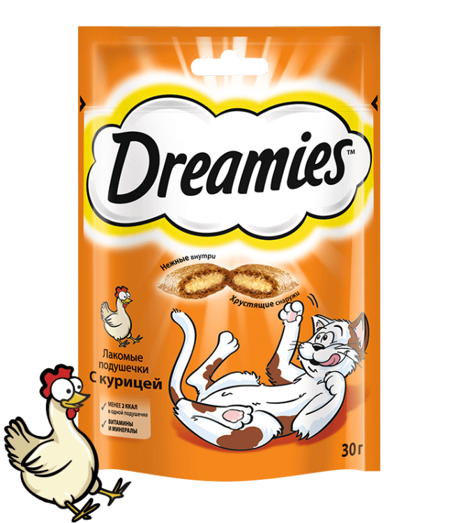 Лакомство Dreamies, подушечки с курицей, 30 г Лакомство Dreamies, подушечки с курицей, 30 г