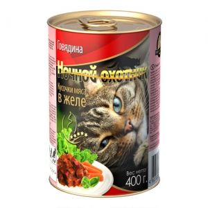 Ночной охотник для кошек, говядина, кусочки мяса в желе, 400 г Ночной охотник для кошек, говядина, кусочки мяса в желе, 400 г