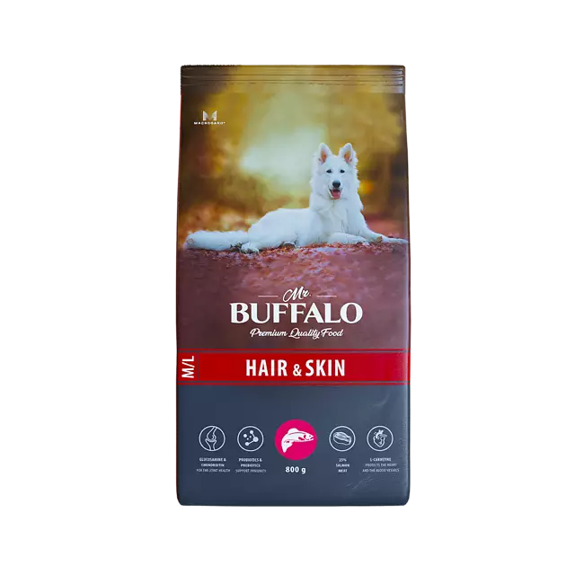 Мистер Баффоло (Mr.Buffalo) HAIR & SKIN CARE Сухой корм для собак средних и крупных пород (лосось) Мистер Баффоло (Mr.Buffalo) HAIR & SKIN CARE Сухой корм для собак средних и крупных пород (лосось)