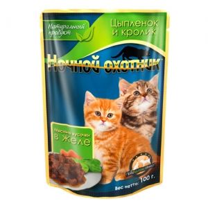 Ночной охотник для котят, цыпленок и кролик - мясные кусочки в желе, 100 г Ночной охотник для котят, цыпленок и кролик - мясные кусочки в желе, 100 г