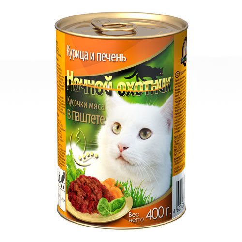 Ночной охотник для взрослых кошек, с курицей и печенью в паштете, 400 г