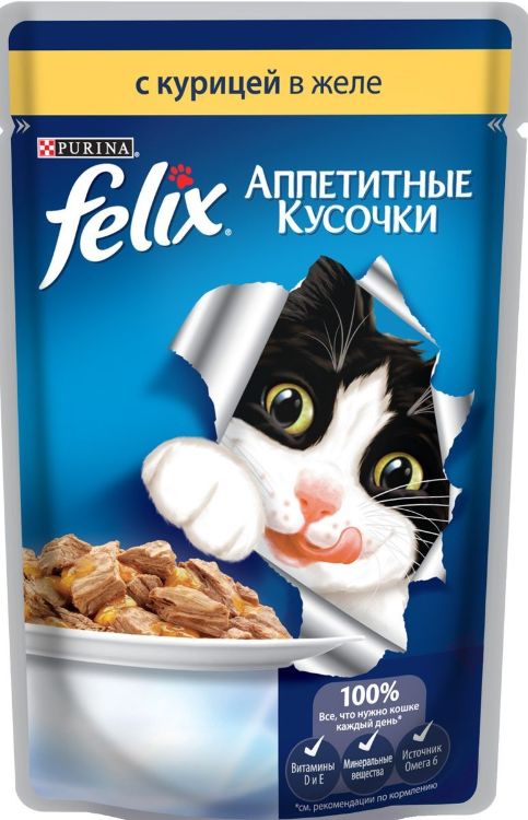 Felix (Феликс) Agail Аппетитные кусочки для взрослых кошек, с курицей в желе, 85 г