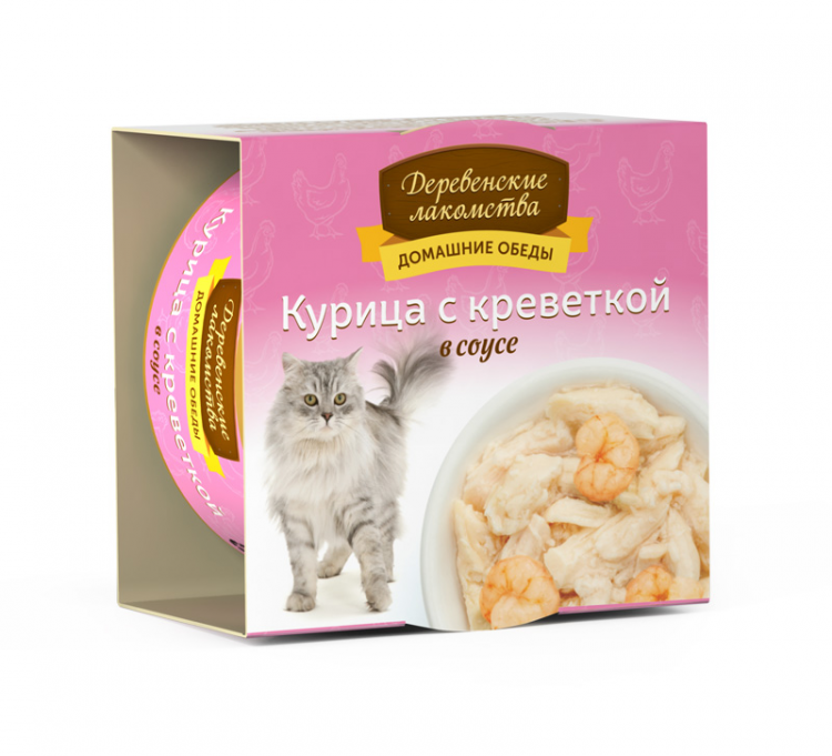 Деревенские лакомства для кошек Курица с креветкой в соусе, 80 г Деревенские лакомства для кошек Курица с креветкой в соусе, 80 г