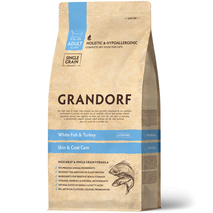 Grandorf (Грандорф) для кошек с чувствительной кожей с Белой рыбой и индейкой (SKIN&CARE)